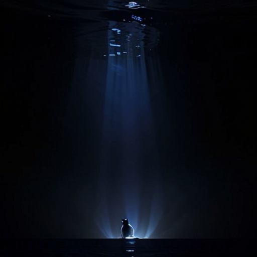 A deep, sapphire-blue ocean with a single, intelligent cat silhouette exploring the depths.